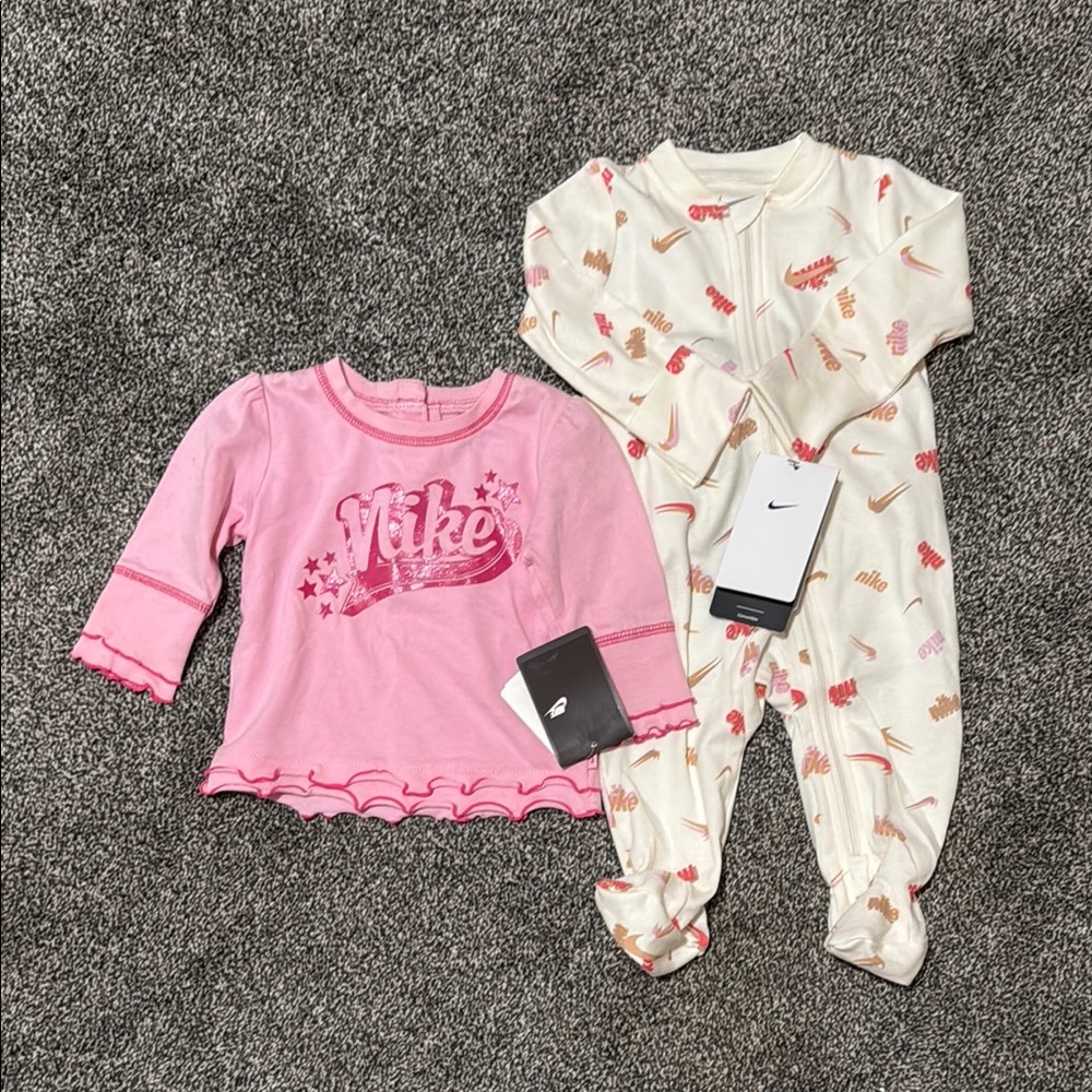 Nike Pink Top and Cream Patterned Onesie Set